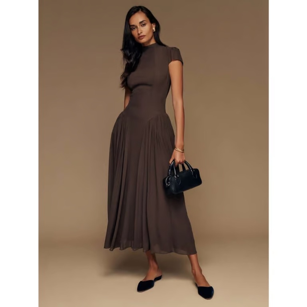 Reformation Brown Cap-Sleeve Pleated Maxi Dress
